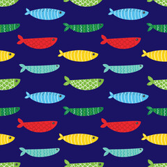 Cute colorful decorated fishes vector seamless pattern background for sea life and food design.
