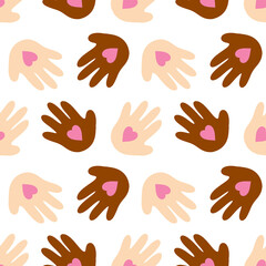 Fototapeta na wymiar Cute cartoon style human hands, open palms with pink hearts vector seamless pattern background. Love and kindness concept. 