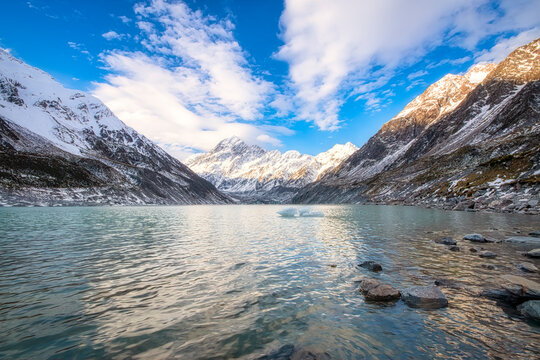 New Zealand, South Island, Scenic view of Clouds over Hooker Lake with Mount Cook and Hooker Glacier in background