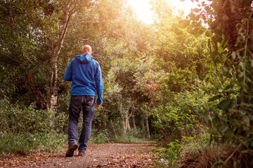 Bald man walking on a small path in a park, Warm sunny day. Male dressed in jeans and blue outdoor jacket. Healthy habit concept