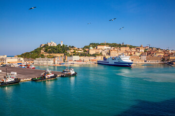 Italy, Province of Ancona, Ancona, Ferries and cruise ship moored in harbor of coastal city
