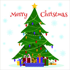 Christmas tree with gift box and garlands. Marry Christmas card. Vector illustration