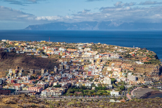 View on San Sebastian de La Gomera, with Teneriffa in background, Canary Islands, Spain
