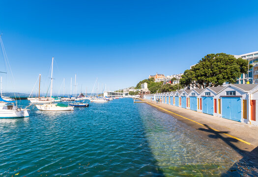 Boat sheds, Port Nicholson, Wellington, North Island, New Zealand