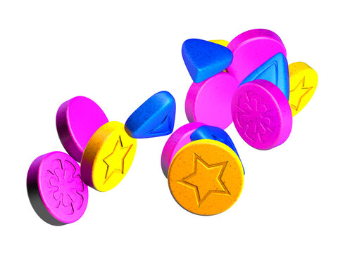 Colourful ecstasy pills on white ground, 3D Rendering