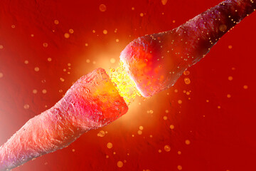 3D Rendered Illustration, visualisation of neurons firing neurotransmitters in the synaptic gap