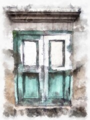 ancient abandoned european building watercolor style illustration impressionist painting.