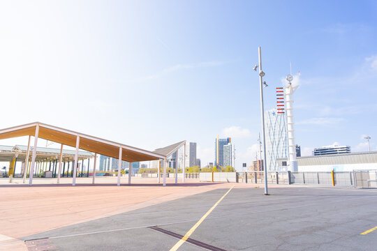 Sunny day in the public park of the Forum in Barcelona