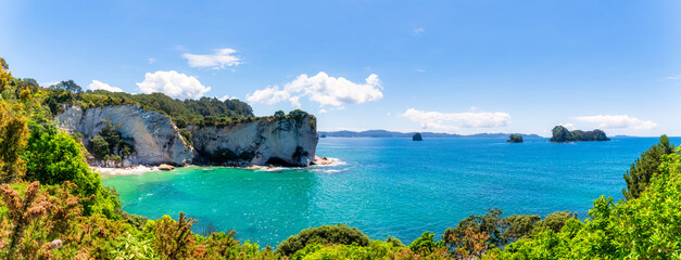 New Zealand, Panorama of Stingray Beach in summer