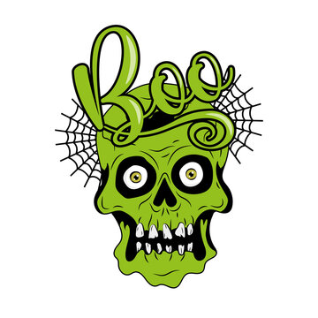 Boo - zombe skull head, and spider web. Good for T shirt print, poster, card, invitation, party decor for Halloween.