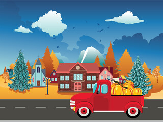 Autumn village and red pickup with pumpkins