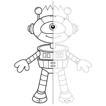 Draw symmetrically. Connect the dots picture. Tracing worksheet. Coloring Page Outline Of cartoon robot. Coloring Book for kids.