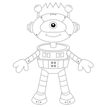 Connect the dots picture. Tracing worksheet. Puzzle for kids. Coloring Page Outline Of cartoon robot. Coloring book for children.