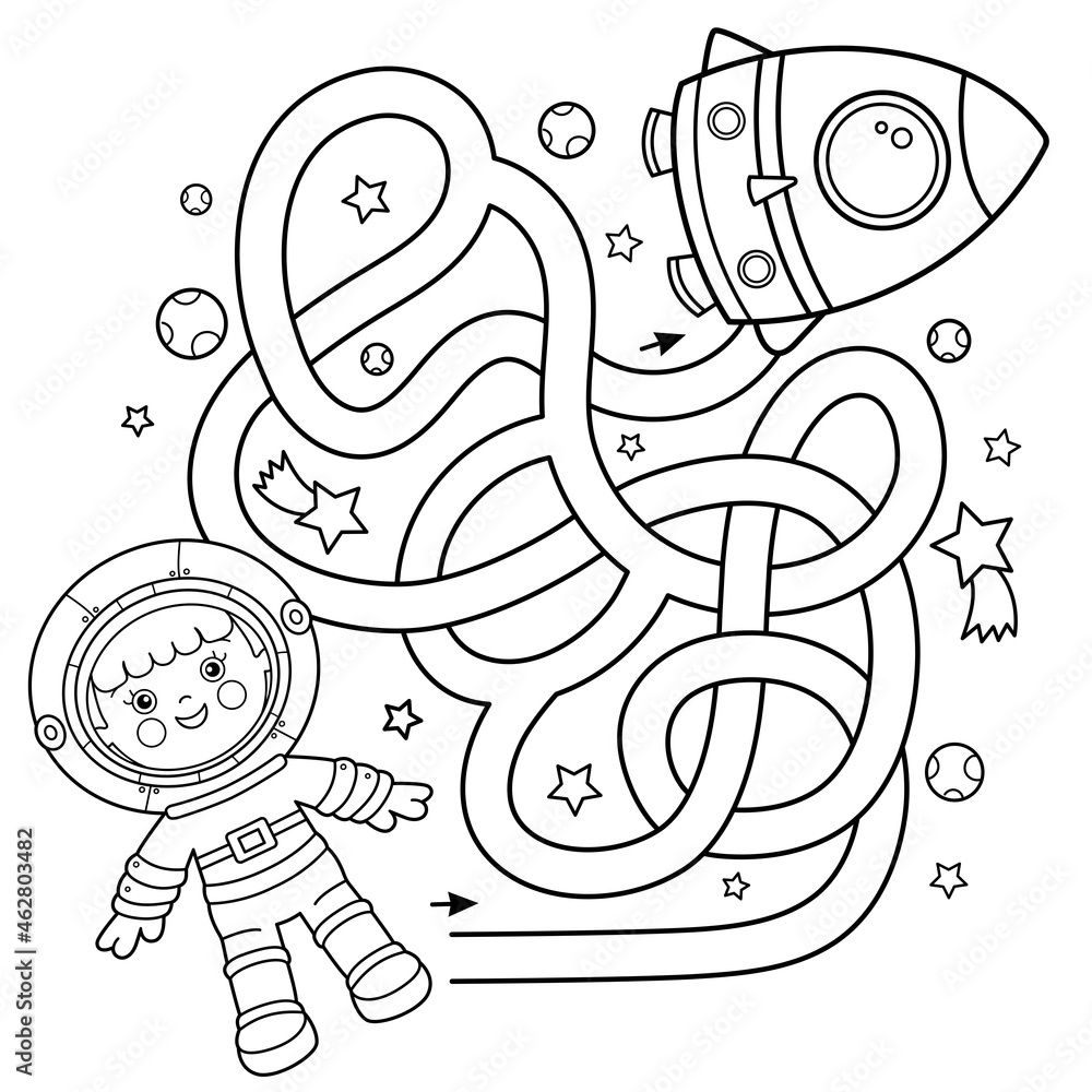 Wall mural Maze or Labyrinth Game. Puzzle. Coloring Page Outline Of cartoon astronaut with rocket in space. Little spaceman or cosmonaut. Coloring book for kids.