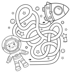 Maze or Labyrinth Game. Puzzle. Coloring Page Outline Of cartoon astronaut with rocket in space. Little spaceman or cosmonaut. Coloring book for kids.