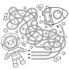 Maze or Labyrinth Game. Puzzle. Coloring Page Outline Of cartoon astronaut with rocket in space. Little spaceman or cosmonaut. Coloring book for kids.