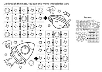 Maze or Labyrinth Game. Puzzle. Coloring Page Outline Of cartoon rocket in space. Coloring book for kids.