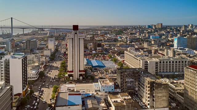 Mozambique, Maputo, Aerial view of Baixa de Maputo downtown with Maputo-Katembe Bridge in background