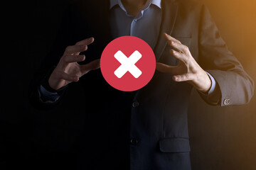 Hand holds icon,cancellation symbol,cancel icon.Cross mark flat red icon.round X mark.cancel...