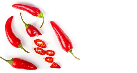 Fotobehang Chili Pepers Hot red peppers as a frame on white, top view, place for text, copy space, flat lay.  © Yarr