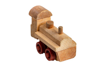 Wooden toy steam locomotive close-up on white isolated.