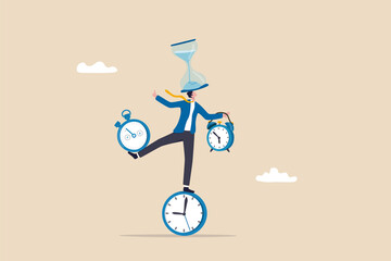 Time management or productivity addiction, work life balance or control work project time and schedule concept, smart businessman balancing all time pieces, sandglass, alarm clock, countdown timer.