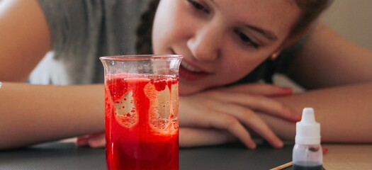 Lava lamp, science experiment with water, food coloring, oil and aspirin doing by school girl. Step by step process of doing homework. Education, back to school, distant banner.