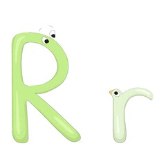 Capital and lowercase letters Rr from the English alphabet in the form of funny and cute cartoon characters of an adult and a baby. Pastel green colors. Vector illustration