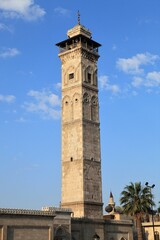 Fototapeta na wymiar Aleppo Umayyad Mosque. The minaret was built by Meliksah in 1090. The minaret was destroyed in 2013 during the civil war.