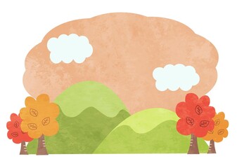 秋の風景　夕焼け　イラスト素材　水彩風