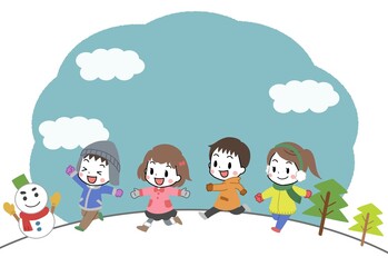 Obraz na płótnie Canvas 冬景色と走る子供たちのイラスト