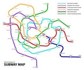 Subway map. Template of fictional town public transport scheme for underground transition road. Metro or bus abstract traffic pattern with circular infinite sign color routes. Vector card illustration