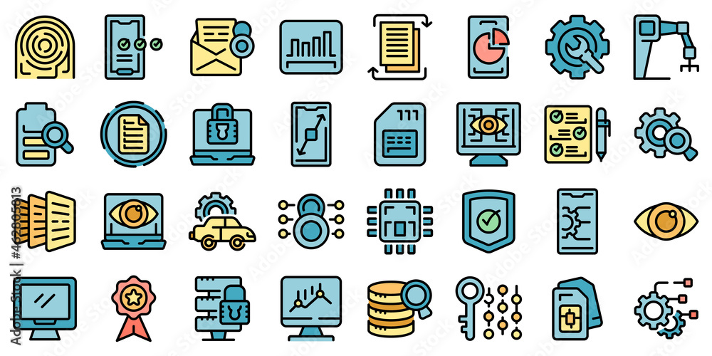 Poster technical overview icons set outline vector. camera specification. dual memory
