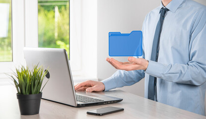 Businessman hold folder icon.Document Management System or DMS setup by IT consultant with modern...