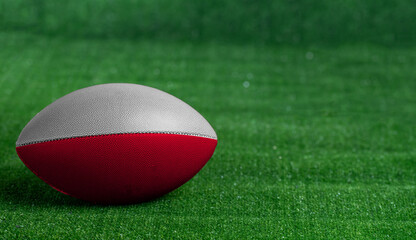 American football ball  with Poland flag on green grass background, close up