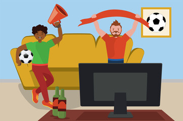 Two soccer fans watch TV