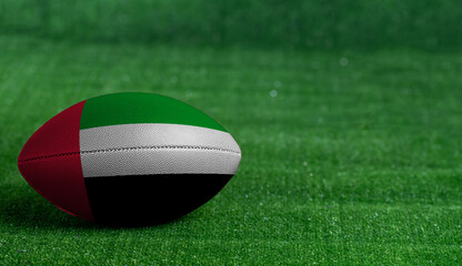 American football ball  with United Arab Emirates flag on green grass background, close up