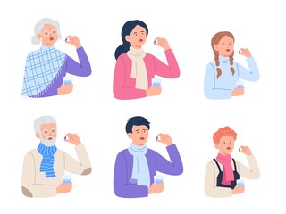 People of different ages drink pills. Medication treatment, pharmacy, and medicine concepts. Set of vector flat illustrations isolated on white background.