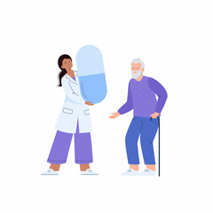 A female doctor prescribes drugs to an old man. Medication treatment, pharmacy, and medicine concept. Vector flat illustration isolated on white background.