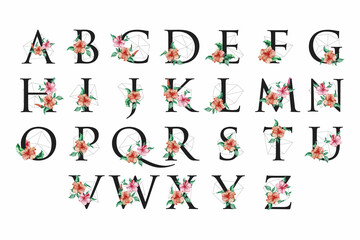 Set Of Hand Drawn Watercolor Floral Alphabet