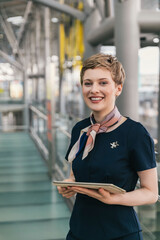 Portrait of smiling airline employee holding tablet at the airport