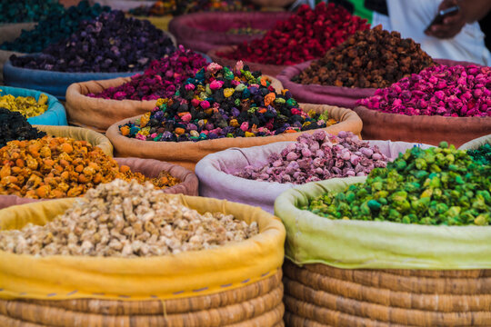 Morocco, Marrakesh, Medina, Spices in a spice shop