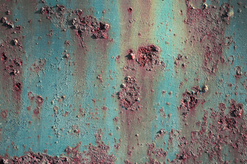 Abstract rusty metal texture, rusty. Unprotected from atmospheric wet influences Rusty metal. Turquoise rusty background