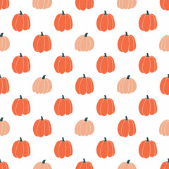 Seamless pattern with pumpkins on a white background for Halloween. Hand drawn vector illustration. Ornament for printing on fabric, wallpaper, wrapping paper, clothing