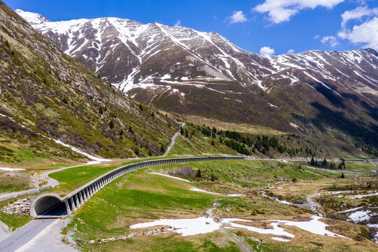 Aerial view over avalanche protection gallery at Kuehtai mountain pass road, Tyrol, Austria
