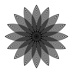 Round black rosette in the shape of a flower. Geometric pattern with visual distortion effect. Optical illusion. Op art. Isolated on white background.