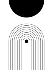 Geometric Design With Circles, Stripes And Rainbow. Black And White Modern Poster. Abstract Wall Art. Digital Art Of Interior Decoration For Print. Abstract Geometric Minimal Poster 
