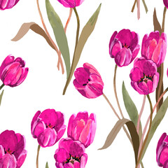 Pink tulips bouquets watercolor on white background seamless pattern for all prints.