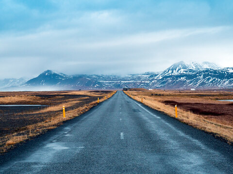 Iceland, Road 54 at Snaefellsjoekull National Park early in the morning in winter