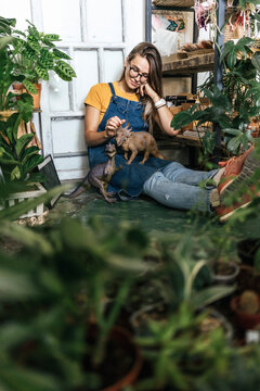 Young woman with dinosaur figurine sitting on the floor in a small shop with plants
